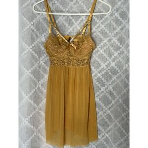 Vintage Gold Lace Babydoll Lingerie Slip Dress‎ Small Sheer Romantic Coquette